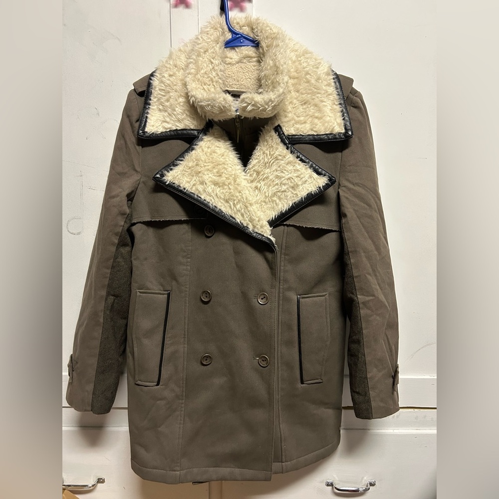 Rachel Cream and Brown Coat with Faux Fur